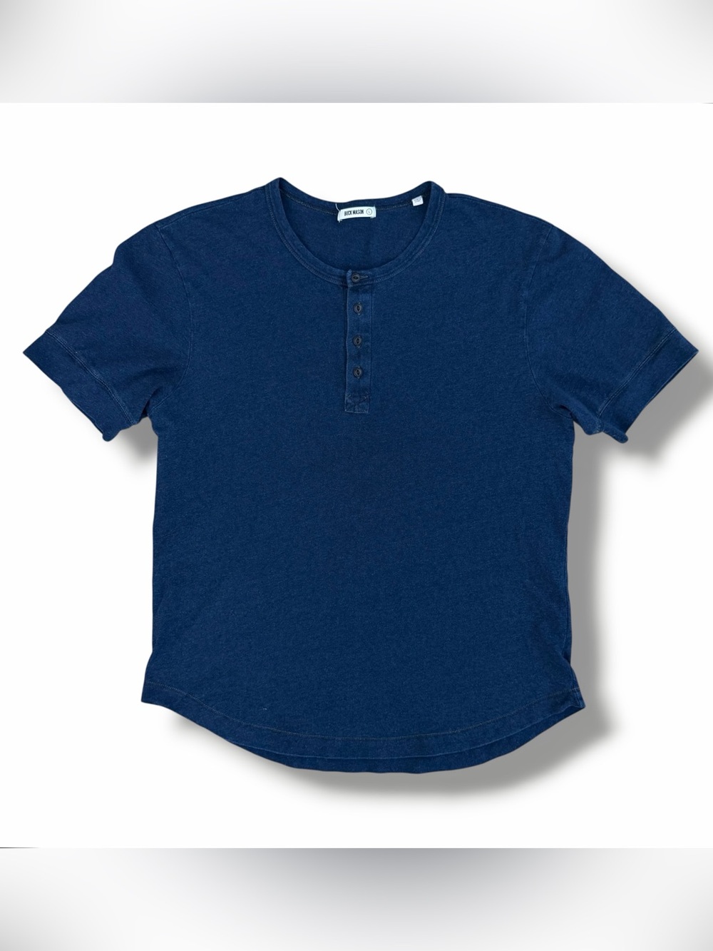 Buck Mason Indigo Dipped Henley T-Shirt Blue Size Large Curved Hem